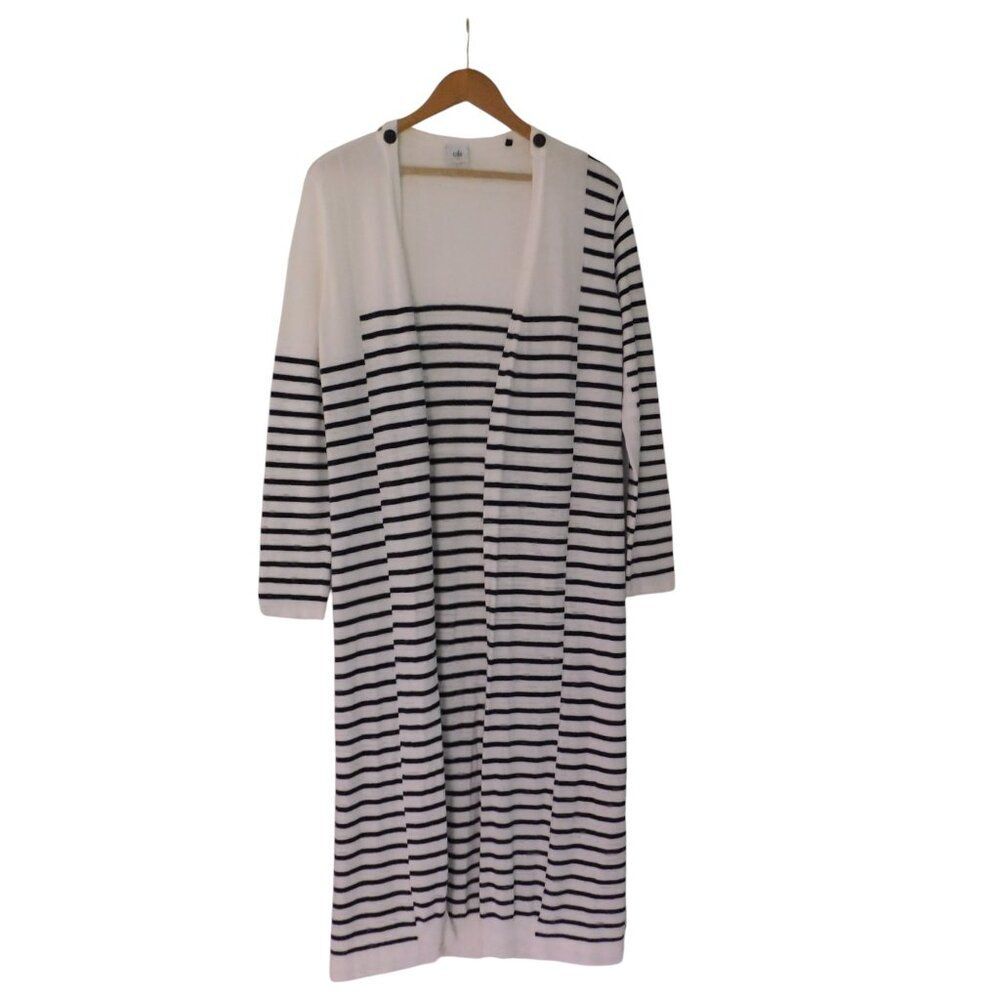 Cabi Victory duster long‎ cardigan navy blue white striped sweater sz Medium
